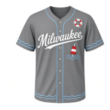 Load image into Gallery viewer, Marina Buoys Milwaukee Baseball Jersey in Dock Gray, front view – striped channel buoy on waves graphic with life-ring crest, custom name and number