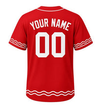 Load image into Gallery viewer, Marina Buoys Milwaukee Baseball Jersey in Buoy Red, back view with your name and number – custom block name and number with wave-stripe sleeves