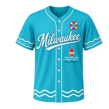 Load image into Gallery viewer, Marina Buoys Milwaukee Baseball Jersey in Lagoon Turquoise, front view – striped channel buoy on waves graphic with life-ring crest, custom name and number