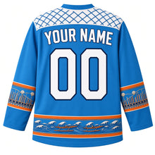Load image into Gallery viewer, Marshall Islands Original Hockey Jersey in Lagoon Blue, back view with your name and number – jaki-ed pandanus weave yoke and stick-chart sleeve bands