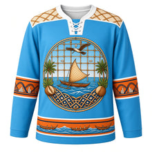 Load image into Gallery viewer, Marshall Islands Original Hockey Jersey in Lagoon Blue, front view – jaki-ed pandanus weave yoke and stick-chart canoe crest with ornate detailed artwork, custom name and number