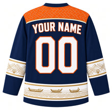 Load image into Gallery viewer, Marshall Islands Original Hockey Jersey in Pacific Navy, back view with your name and number – jaki-ed pandanus weave yoke and stick-chart sleeve bands