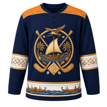 Load image into Gallery viewer, Marshall Islands Original Hockey Jersey in Pacific Navy, front view – jaki-ed pandanus weave yoke and stick-chart canoe crest with ornate detailed artwork, custom name and number