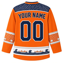 Load image into Gallery viewer, Marshall Islands Original Hockey Jersey in Sunrise Orange, back view with your name and number – jaki-ed pandanus weave yoke and stick-chart sleeve bands