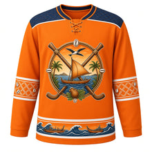 Load image into Gallery viewer, Marshall Islands Original Hockey Jersey in Sunrise Orange, front view – jaki-ed pandanus weave yoke and stick-chart canoe crest with ornate detailed artwork, custom name and number