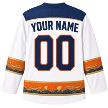 Load image into Gallery viewer, Marshall Islands Original Hockey Jersey in Lagoon White, back view with your name and number – jaki-ed pandanus weave yoke and stick-chart sleeve bands