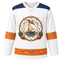 Load image into Gallery viewer, Marshall Islands Original Hockey Jersey in Lagoon White, front view – jaki-ed pandanus weave yoke and stick-chart canoe crest with ornate detailed artwork, custom name and number