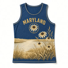 Load image into Gallery viewer, Maryland Black-Eyed Susan Original Basketball Jersey in Chesapeake Blue, front view – custom name and number