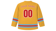 Load image into Gallery viewer, Maslenitsa Original Hockey Jersey in Blini Gold, back view with your name and number