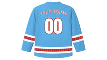 Load image into Gallery viewer, Maslenitsa Original Hockey Jersey in Sky Blue, back view with your name and number