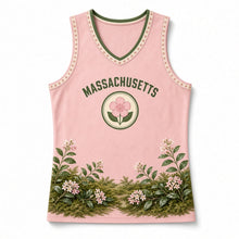 Load image into Gallery viewer, Massachusetts Mayflower Bloom Original Basketball Jersey in Mayflower Blush, front view – custom name and number