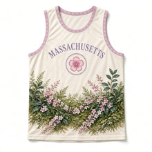 Load image into Gallery viewer, Massachusetts Mayflower Bloom Original Basketball Jersey in Birch Cream, front view – custom name and number