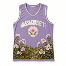Load image into Gallery viewer, Massachusetts Mayflower Bloom Original Basketball Jersey in Dusk Lavender, front view – custom name and number