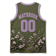 Load image into Gallery viewer, Massachusetts Mayflower Bloom Original Basketball Jersey in Woodland Moss, back view with your name and number