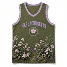 Load image into Gallery viewer, Massachusetts Mayflower Bloom Original Basketball Jersey in Woodland Moss, front view – custom name and number