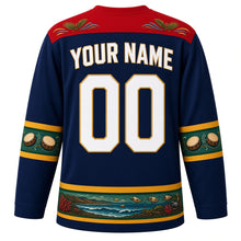 Load image into Gallery viewer, Mauritius Original Hockey Jersey in Lagoon Blue, back view with your name and number – Chamarel sand-wave yoke and ravanne drum sleeve bands