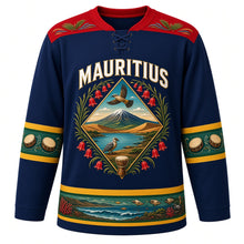Load image into Gallery viewer, Mauritius Original Hockey Jersey in Lagoon Blue, front view – ornate diamond crest with Le Morne, Chamarel dunes and Boucle d'Oreille flowers, detailed artwork, custom name and number