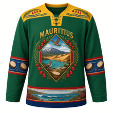 Load image into Gallery viewer, Mauritius Original Hockey Jersey in Sugarcane Green, front view – ornate diamond crest with Le Morne, Chamarel dunes and Boucle d'Oreille flowers, detailed artwork, custom name and number