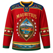 Load image into Gallery viewer, Mauritius Original Hockey Jersey in Flamboyant Red, front view – ornate diamond crest with Le Morne, Chamarel dunes and Boucle d'Oreille flowers, detailed artwork, custom name and number