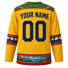 Load image into Gallery viewer, Mauritius Original Hockey Jersey in Sega Sun Yellow, back view with your name and number – Chamarel sand-wave yoke and ravanne drum sleeve bands