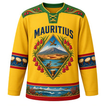 Load image into Gallery viewer, Mauritius Original Hockey Jersey in Sega Sun Yellow, front view – ornate diamond crest with Le Morne, Chamarel dunes and Boucle d'Oreille flowers, detailed artwork, custom name and number