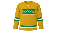 Load image into Gallery viewer, Mawlid Original Hockey Jersey in Gold, front view with floral arabesque vine chest band – custom name and number