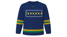 Load image into Gallery viewer, Mawlid Original Hockey Jersey in Navy, front view with floral arabesque vine chest band – custom name and number