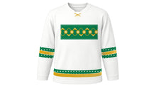 Load image into Gallery viewer, Mawlid Original Hockey Jersey in White, front view with floral arabesque vine chest band – custom name and number