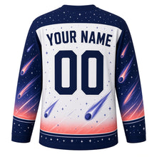 Load image into Gallery viewer, Meteor Shower Original Hockey Jersey in Dawn Silver, back view with your name and number – star-dot yoke and diagonal meteor sleeve stripes