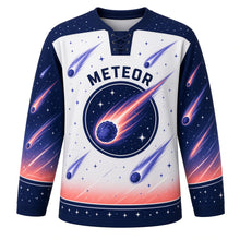 Load image into Gallery viewer, Meteor Shower Original Hockey Jersey in Dawn Silver, front view – bright meteors streaking across a starry night sky with meteor crest, custom name and number