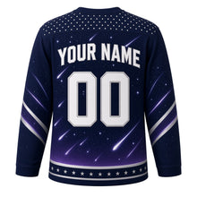 Load image into Gallery viewer, Meteor Shower Original Hockey Jersey in Midnight Sky, back view with your name and number – star-dot yoke and diagonal meteor sleeve stripes