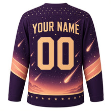 Load image into Gallery viewer, Meteor Shower Original Hockey Jersey in Cosmic Plum, back view with your name and number – star-dot yoke and diagonal meteor sleeve stripes