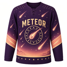 Load image into Gallery viewer, Meteor Shower Original Hockey Jersey in Cosmic Plum, front view – bright meteors streaking across a starry night sky with meteor crest, custom name and number