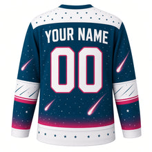 Load image into Gallery viewer, Meteor Shower Original Hockey Jersey in Nebula Teal, back view with your name and number – star-dot yoke and diagonal meteor sleeve stripes