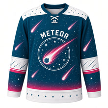 Load image into Gallery viewer, Meteor Shower Original Hockey Jersey in Nebula Teal, front view – bright meteors streaking across a starry night sky with meteor crest, custom name and number