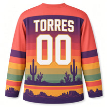 Load image into Gallery viewer, Mexico Desert Cactus Sunset Original Hockey Jersey in Sunset Coral, back view with your name and number
