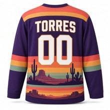 Load image into Gallery viewer, Mexico Desert Cactus Sunset Original Hockey Jersey in Dusk Purple, back view with your name and number