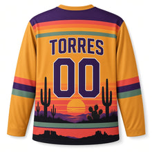 Load image into Gallery viewer, Mexico Desert Cactus Sunset Original Hockey Jersey in Mesa Gold, back view with your name and number