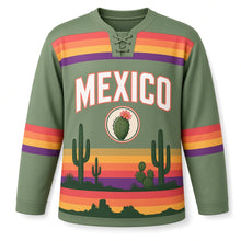 Load image into Gallery viewer, Mexico Desert Cactus Sunset Original Hockey Jersey in Cactus Sage, front view – custom name and number
