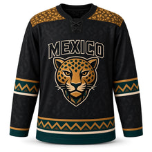 Load image into Gallery viewer, Mexico Jaguar Glyph Original Hockey Jersey in Shadow Black, front view – custom name and number