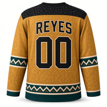 Load image into Gallery viewer, Mexico Jaguar Glyph Original Hockey Jersey in Jaguar Gold, back view with your name and number