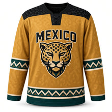 Load image into Gallery viewer, Mexico Jaguar Glyph Original Hockey Jersey in Jaguar Gold, front view – custom name and number