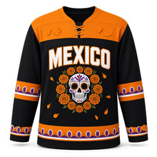 Load image into Gallery viewer, Mexico Marigold Calavera Original Hockey Jersey in Midnight Black, front view – custom name and number