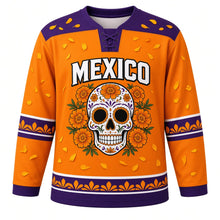 Load image into Gallery viewer, Mexico Marigold Calavera Original Hockey Jersey in Marigold Orange, front view – custom name and number