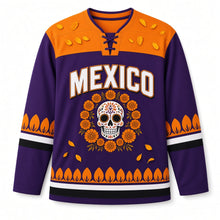Load image into Gallery viewer, Mexico Marigold Calavera Original Hockey Jersey in Altar Purple, front view – custom name and number