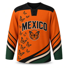 Load image into Gallery viewer, Mexico Monarch Migration Original Hockey Jersey in Monarch Orange, front view – custom name and number
