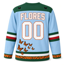 Load image into Gallery viewer, Mexico Monarch Migration Original Hockey Jersey in Mountain Sky, back view with your name and number