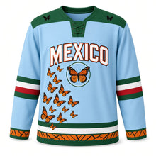 Load image into Gallery viewer, Mexico Monarch Migration Original Hockey Jersey in Mountain Sky, front view – custom name and number