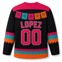 Load image into Gallery viewer, Mexico Papel Picado Fiesta Original Hockey Jersey in Night Black, back view with your name and number
