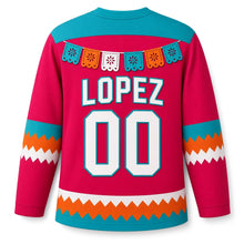 Load image into Gallery viewer, Mexico Papel Picado Fiesta Original Hockey Jersey in Fiesta Magenta, back view with your name and number